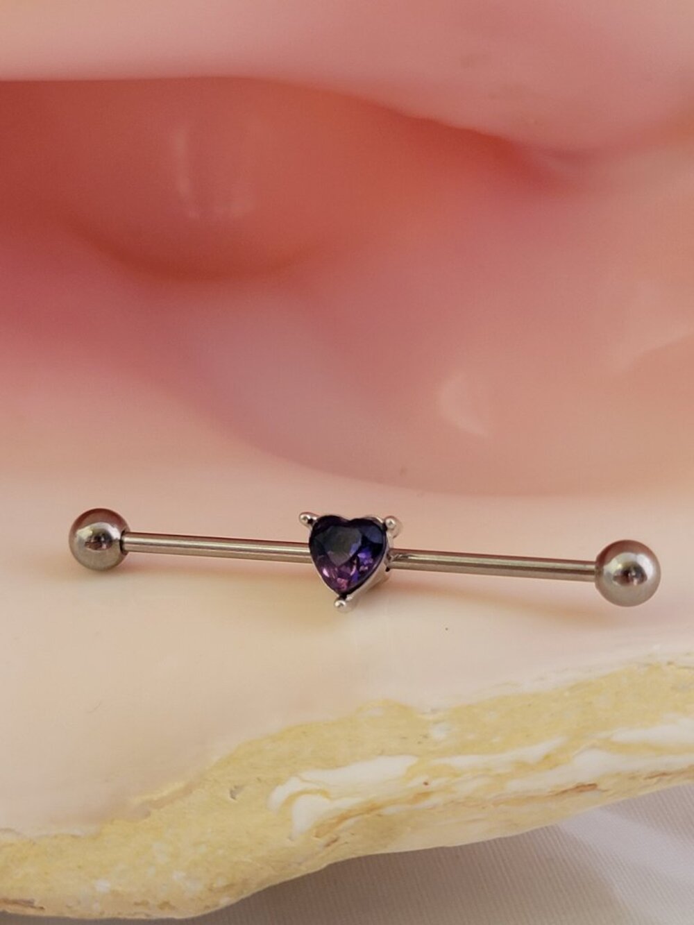 Purple Heart 14G industrial barbell cubic zirconia 1.5 inches prong set CZ gem